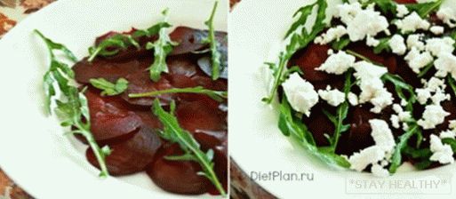 Carpaccio de sfeclă prăjită, cu rucola și caprăbrânză